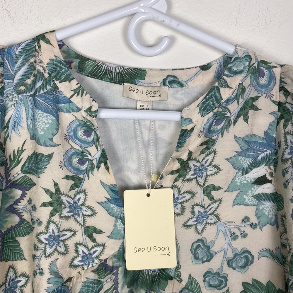 NWT See U Soon XS Balloon Sleeve Split Neck Babydoll Mini Dress Floral Coastal - Picture 6 of 10